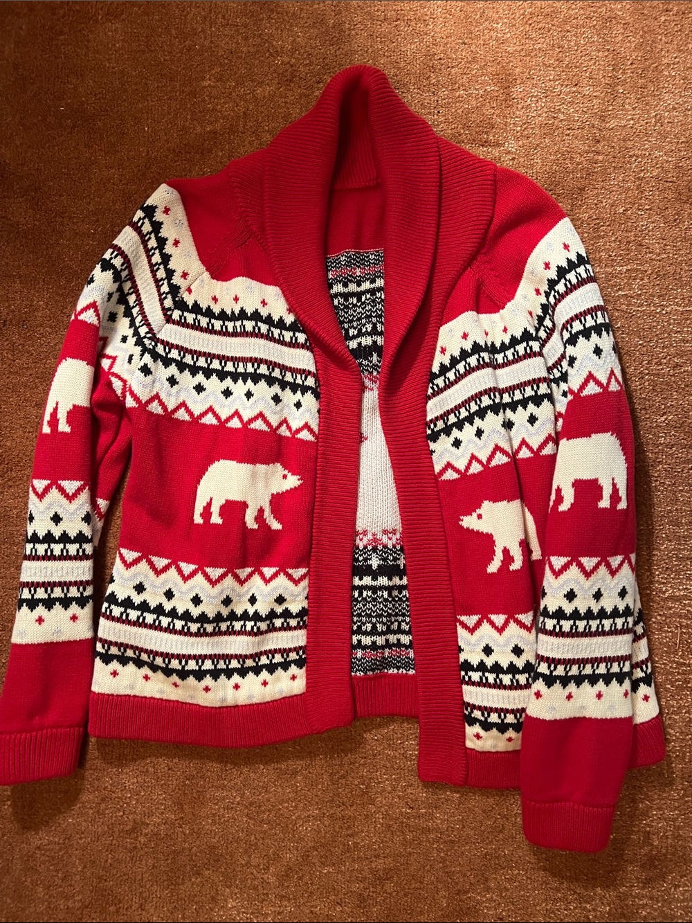 Hanna Andersson Red Shawl Collar Fair Isle Cardigan Sweater w/ Polar Bear Motif
